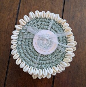 NWT (Set Of 4) Handwoven Green Coasters with Puka Shell Accents